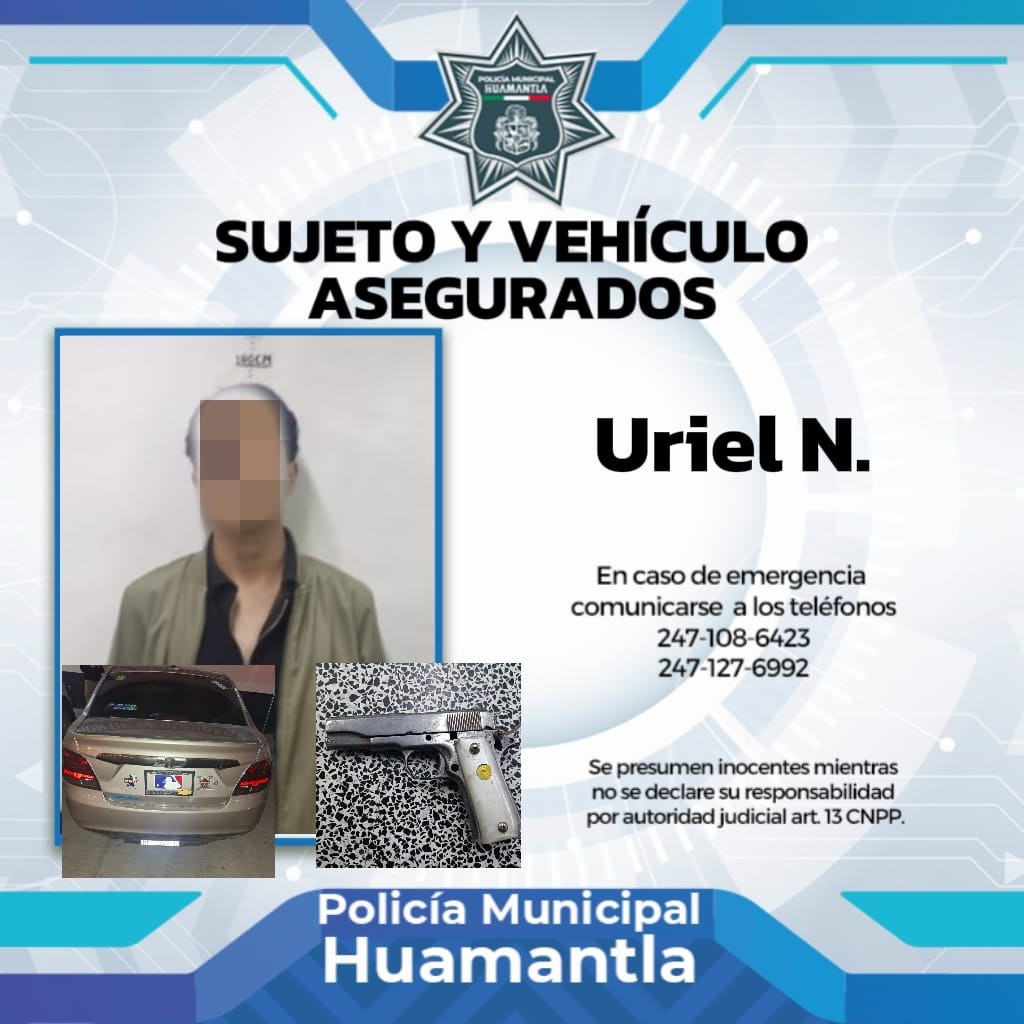 Asegura Policía de Huamantla a dos personas con objeto con características similares a un arma de fuego y auto con reporte de robo